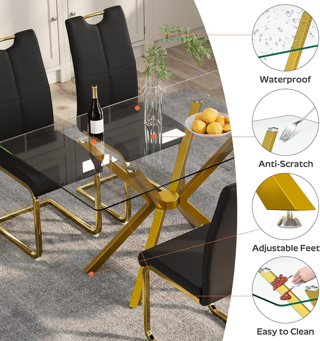 5-Piece 47" Dining Table with 4 PU Leather Chairs, Modern Dining Table Set for 4, Rectangle Kitchen Table with Golden Metal Legs for Dining Room, Kitchen(Black)