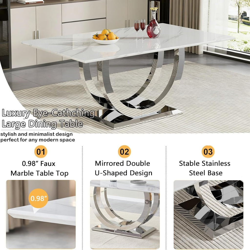 7 Piece Marble Dining Table Set for 6, 69.3" White Silver Kitchen Table with 6 Blue Chairs,Modern Rectangle Dinner Table and Chairs Set with U-Shaped Stainless Steel Base for Dining Room
