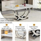 7 Piece Marble Dining Table Set for 6, 69.3" White Silver Kitchen Table with 6 Blue Chairs,Modern Rectangle Dinner Table and Chairs Set with U-Shaped Stainless Steel Base for Dining Room
