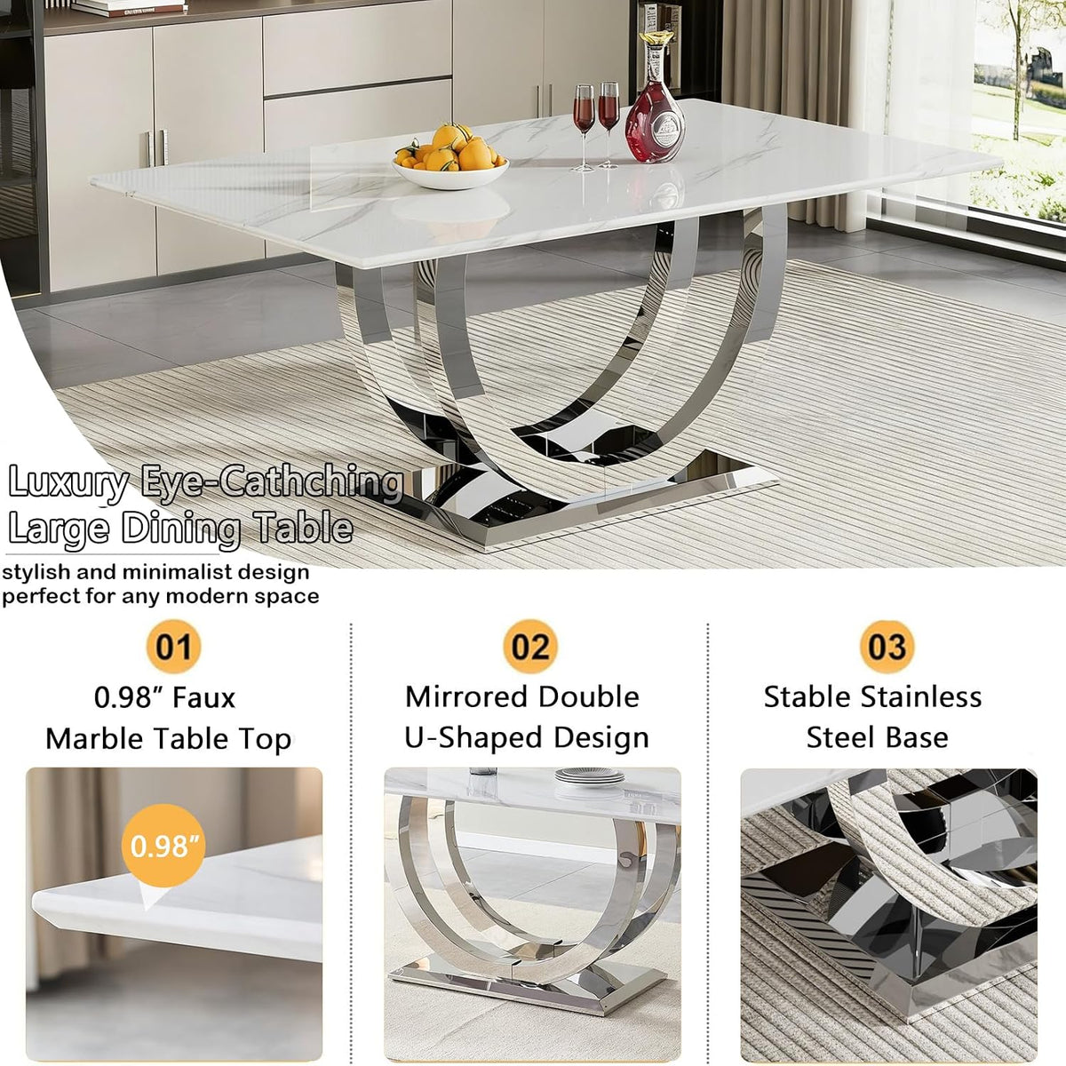 7 Piece Marble Dining Table Set for 6, 69.3" White Silver Kitchen Table with 6 Blue Chairs,Modern Rectangle Dinner Table and Chairs Set with U-Shaped Stainless Steel Base for Dining Room