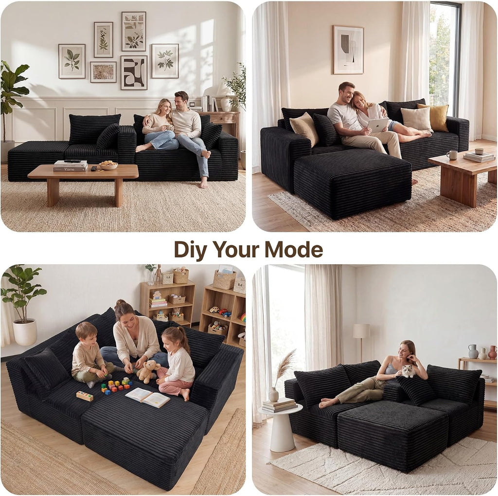 Claiks 94" Couch, L-Shape Corduroy Sectional Sofa, Black | Flexible Module Combination for Living Room, No Assembly, Deep Seat,Stain Resistant Abrasion, Apartment, Includes 1 Ottoman