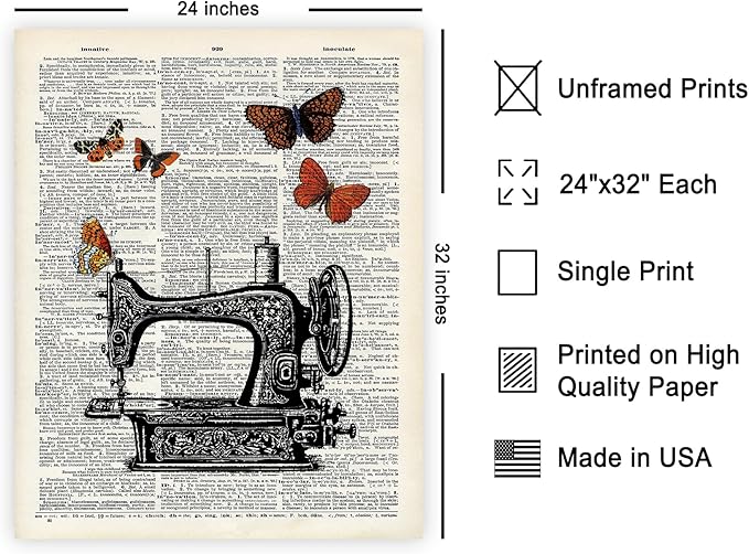 Poster Master Dictionary Art Poster - Sewing Machine Print - Sewing Art - Butterfly Art - Gift for Men, Women & Dressmaker - Chic Decor for Living Room, Bedroom or Office, 24x32 Unframed Wall Art