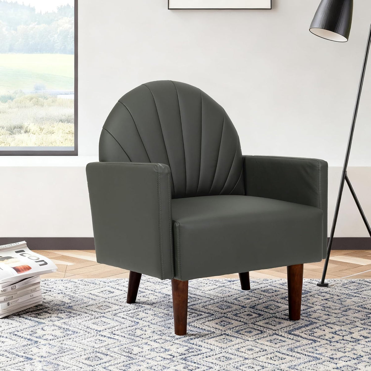 Modern Upholstered Single Sofa Chair，PU Leather Armchair Vanity Chair Shell Back Accent Chair with High Resilience Foam Cushion, Spacious Seating Reading Chair for Living Room Bedroom (Sage Green)