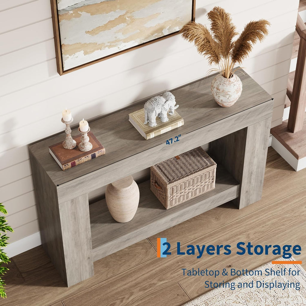 Garvee 47" Farmhouse 2-Tier Console Table for Entryway, Grey | Sofa Table with Storage, Sturdy U-Shaped Base, Long Entryway Table for Living Room, Easy Assembly