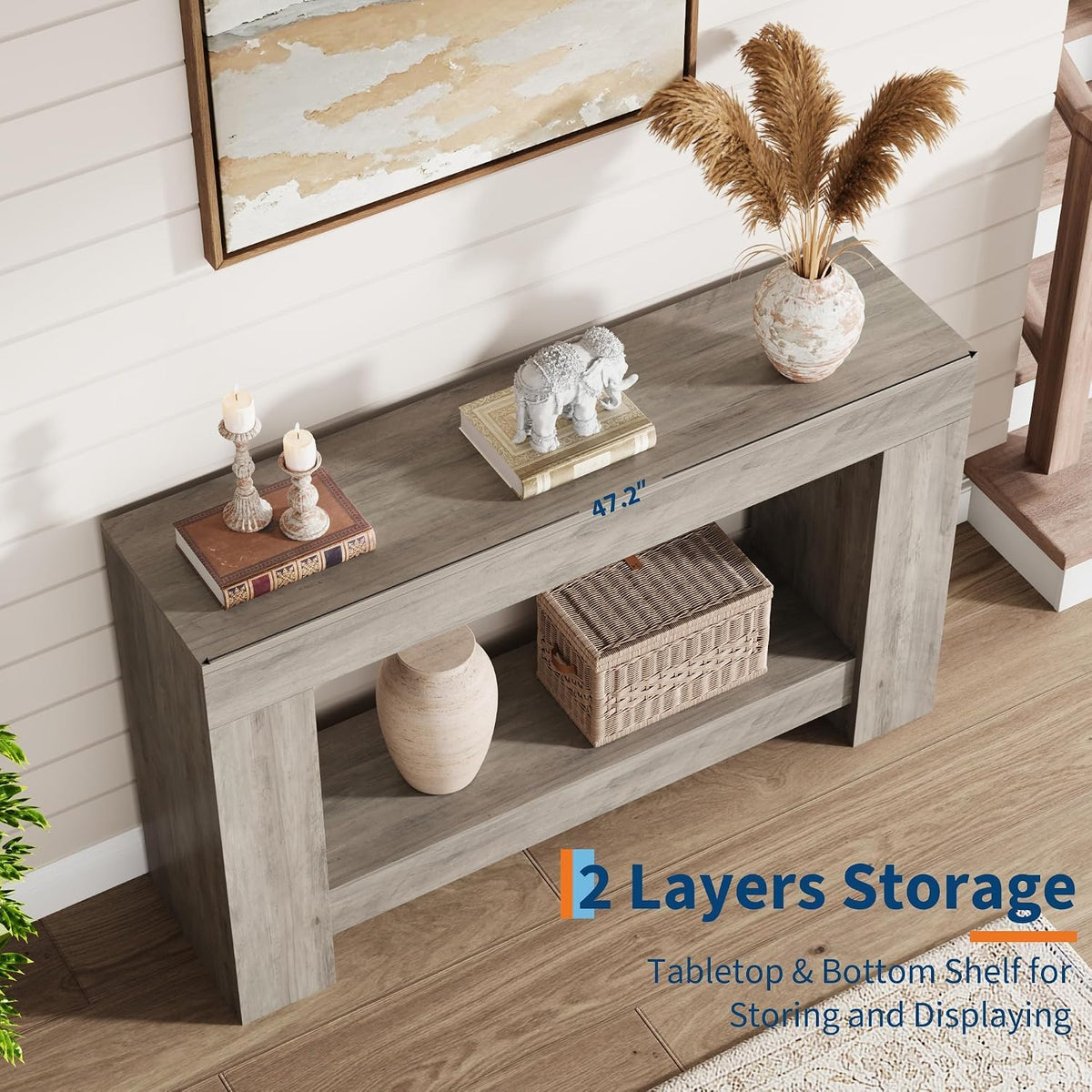 Garvee 47" Farmhouse 2-Tier Console Table for Entryway, Grey | Sofa Table with Storage, Sturdy U-Shaped Base, Long Entryway Table for Living Room, Easy Assembly