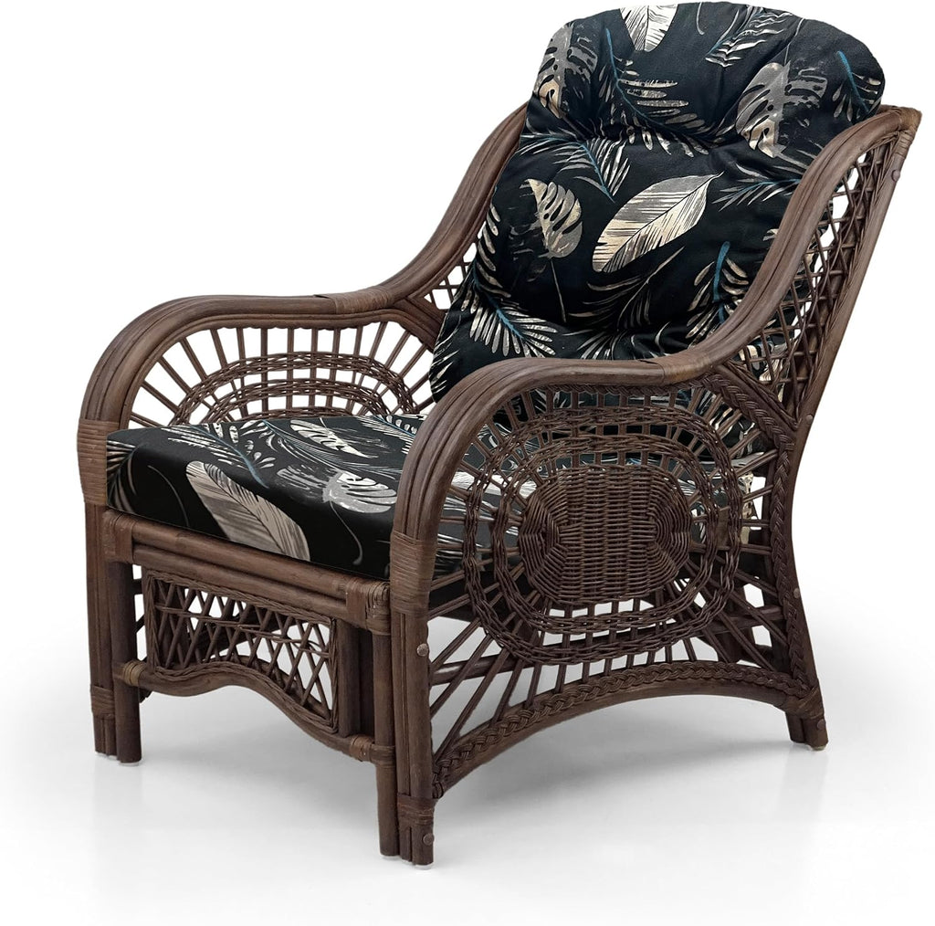 Malibu Lounge Living Accent Armchair Natural Rattan Wicker Handmade Design, Dark Brown with Black Leaf Cushion