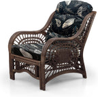 Malibu Lounge Living Accent Armchair Natural Rattan Wicker Handmade Design, Dark Brown with Black Leaf Cushion