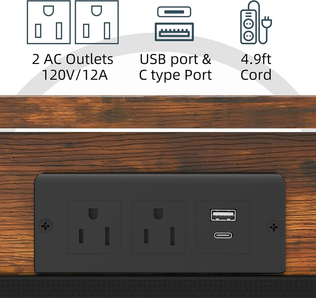Adjustable Height Couch Table with USB-C Charging Station & Pocket Storage – Compact Couch Stand with Hooks & Wheels for Small Spaces & Living Room, Adjustable C Table (Rustic Brown)
