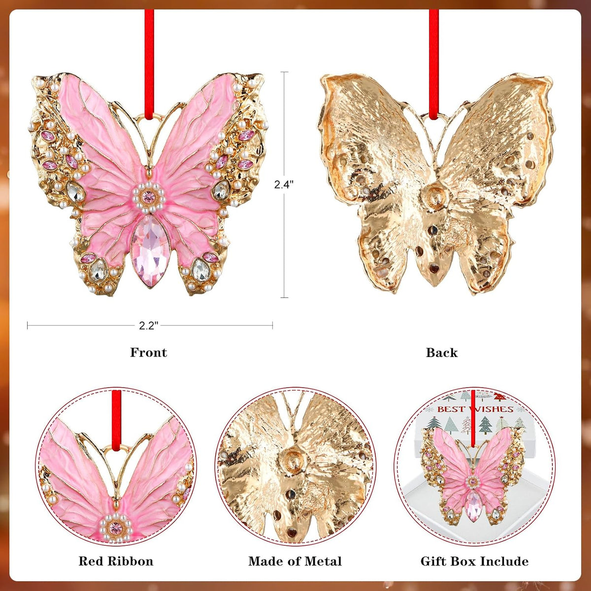 PETCEE Pink Butterfly Ornament - Metal Butterfly Hanging Ornaments for Christmas Tree Decorations Monarch Butterflies Christmas Ornaments Keepsake Gifts for Women Girls Daughter Mother Granddaughter