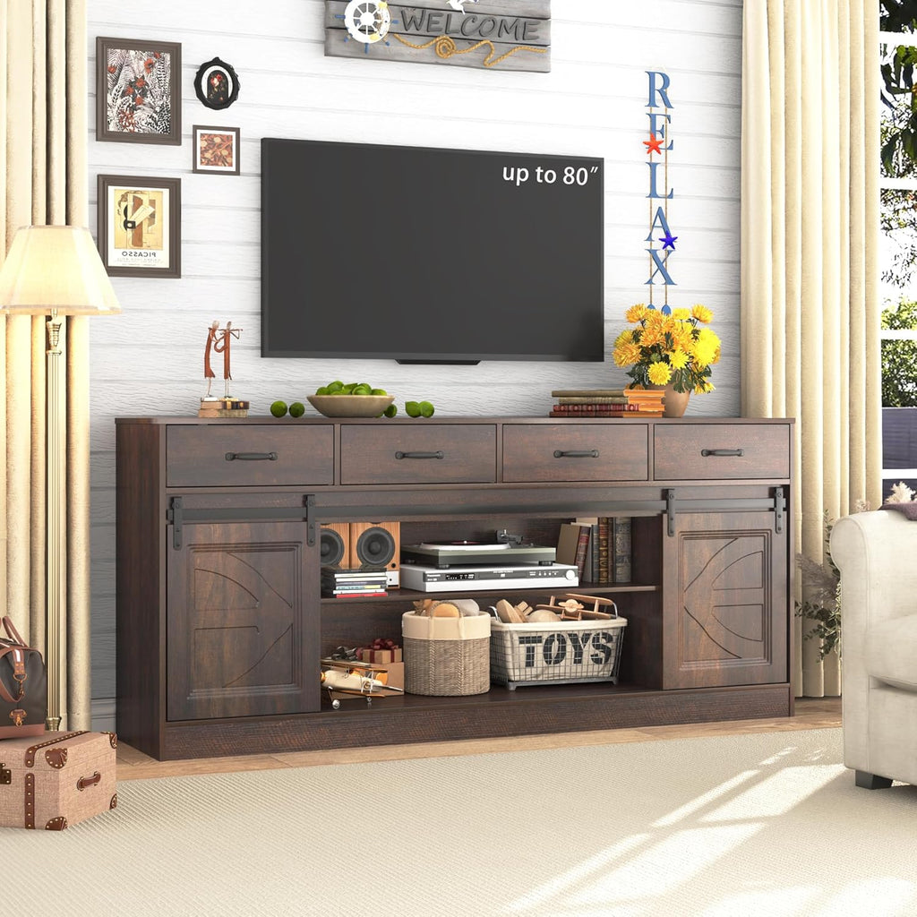 70” Large Buffet Sideboard Cabinet w/4 Drawer,Farmhouse Coffee Bar Cabinet Buffet with Storage,Sliding Door,Long Kitchen Buffet Table,Kitchen Sideboard Cabinet,Credenza for Dining Room,Brown
