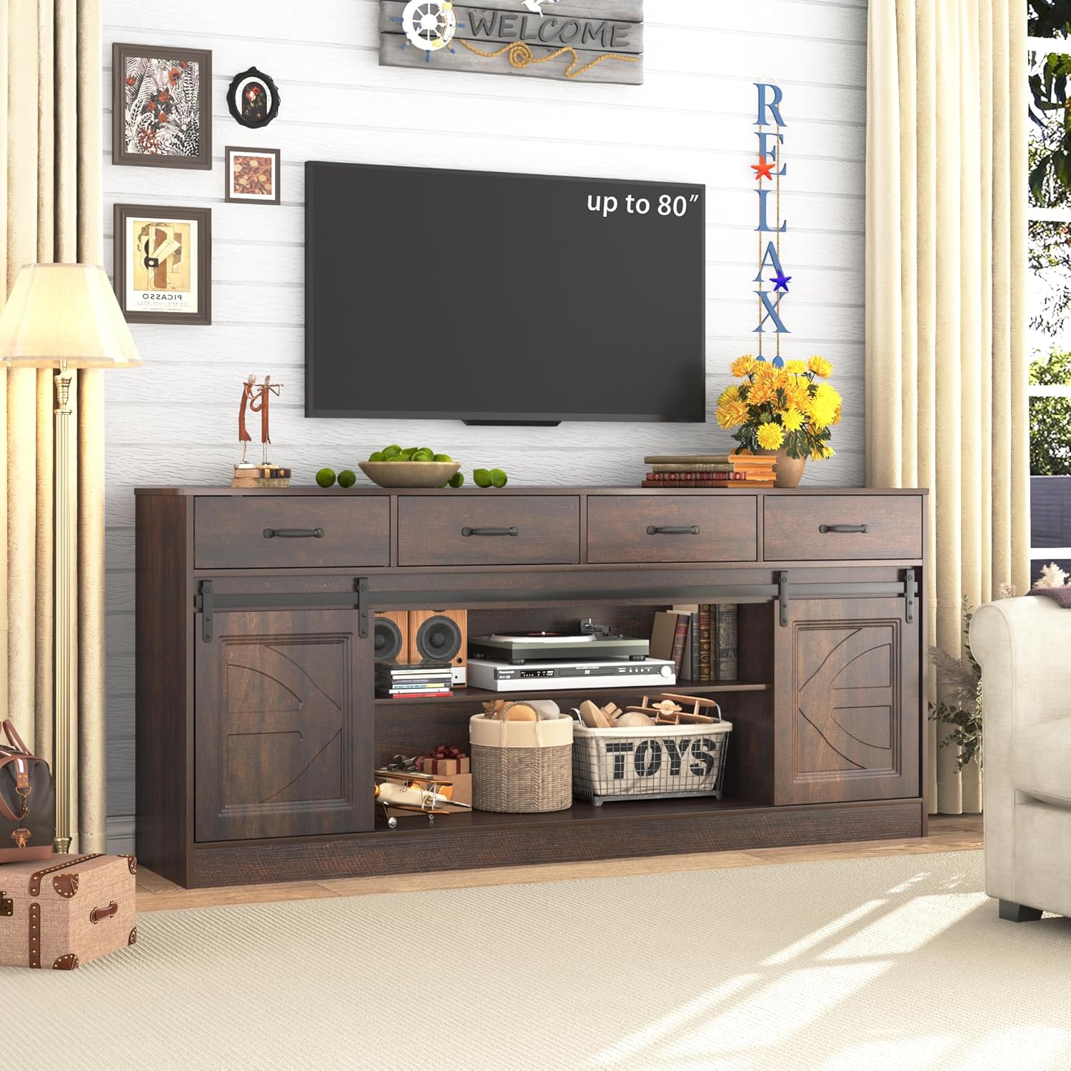 70” Large Buffet Sideboard Cabinet w/4 Drawer,Farmhouse Coffee Bar Cabinet Buffet with Storage,Sliding Door,Long Kitchen Buffet Table,Kitchen Sideboard Cabinet,Credenza for Dining Room,Brown