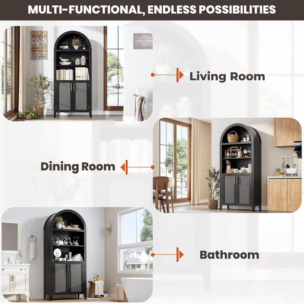 IDEALHOUSE Arched Kitchen Pantry Cabinet with Doors - 5-Tier Open Display Shelf with Rattan Decor, Farmhouse Storage Cabinet for Kitchen, Dining Room, Living Room, Black
