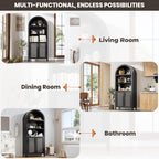 IDEALHOUSE Arched Kitchen Pantry Cabinet with Doors - 5-Tier Open Display Shelf with Rattan Decor, Farmhouse Storage Cabinet for Kitchen, Dining Room, Living Room, Black