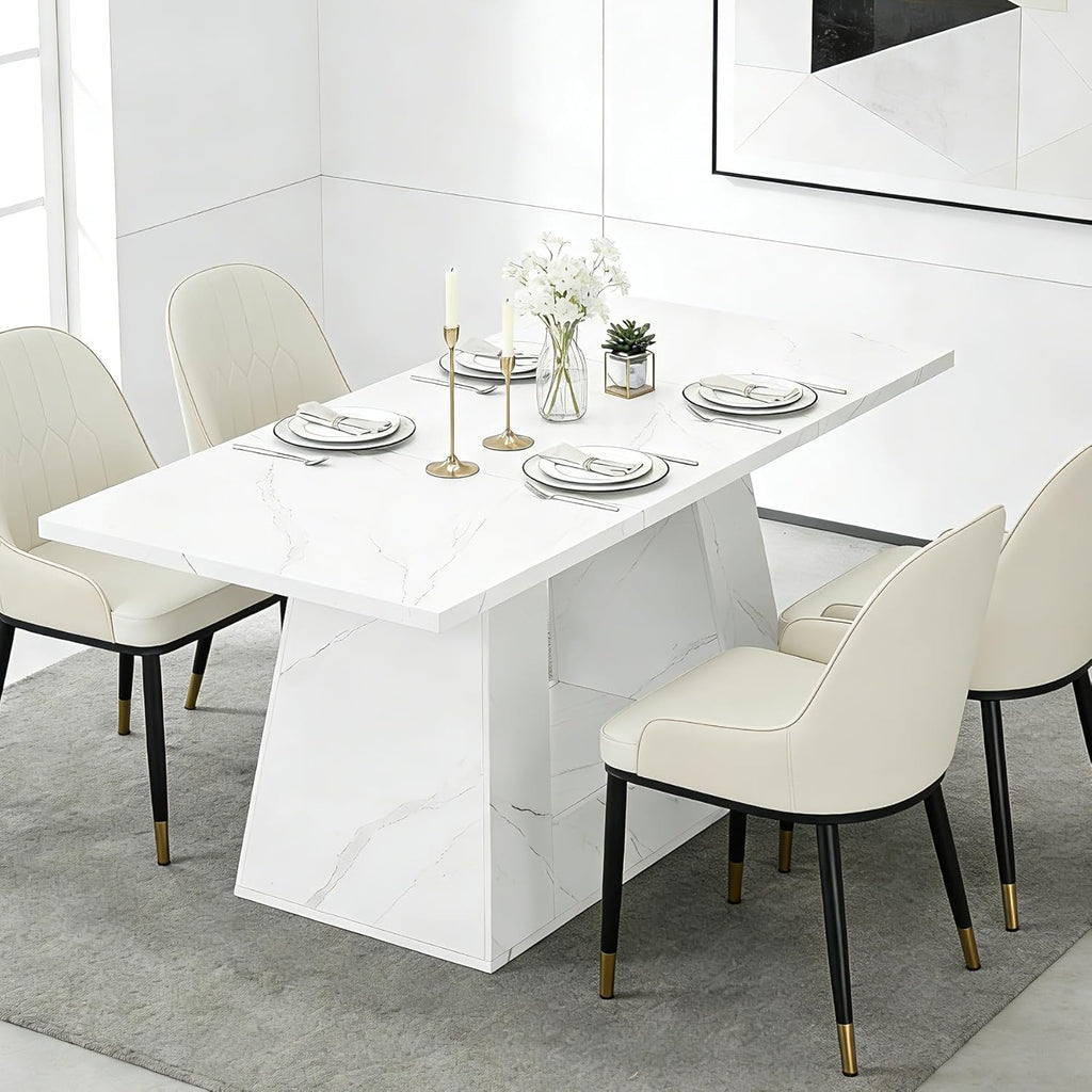 63" White Dining Table for 4-6 People, Modern Faux Marble Wooden Table with Sturdy Base for Dining Room