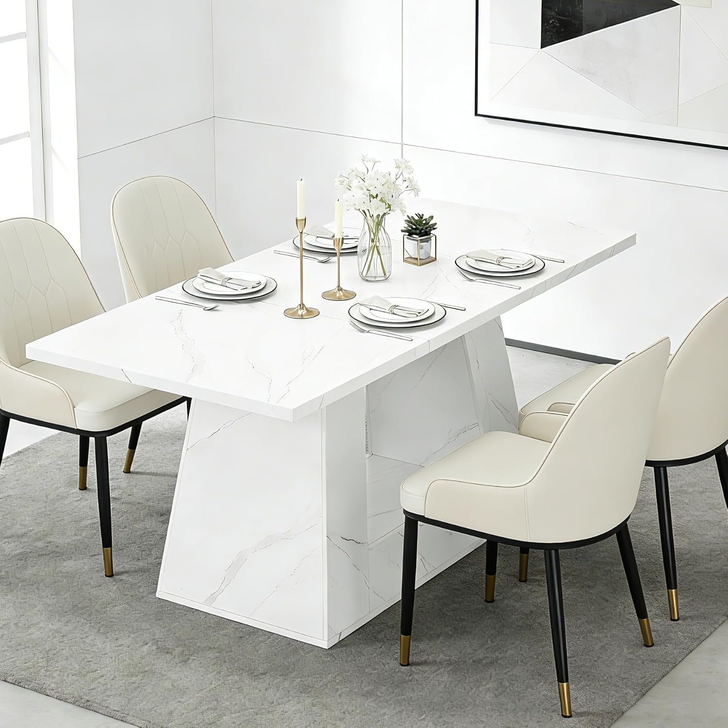 63" White Dining Table for 4-6 People, Modern Faux Marble Wooden Table with Sturdy Base for Dining Room