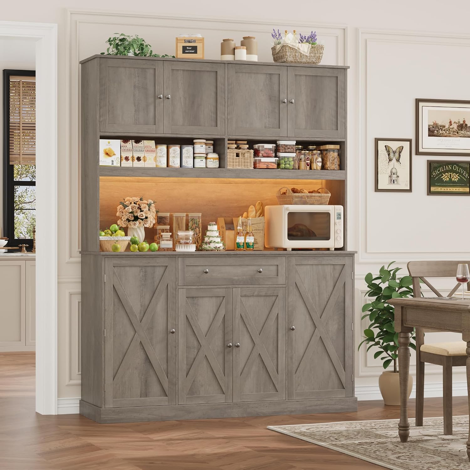HIFIT 72.8” Tall Kitchen Pantry Cabinet with LED & Charging Station, 55” Wide Farmhouse Pantry Cabinet with Microwave Stand&Shelves&Swing-Out Door, Kitchen Hutch Coffee Bar for Living Room, Grey