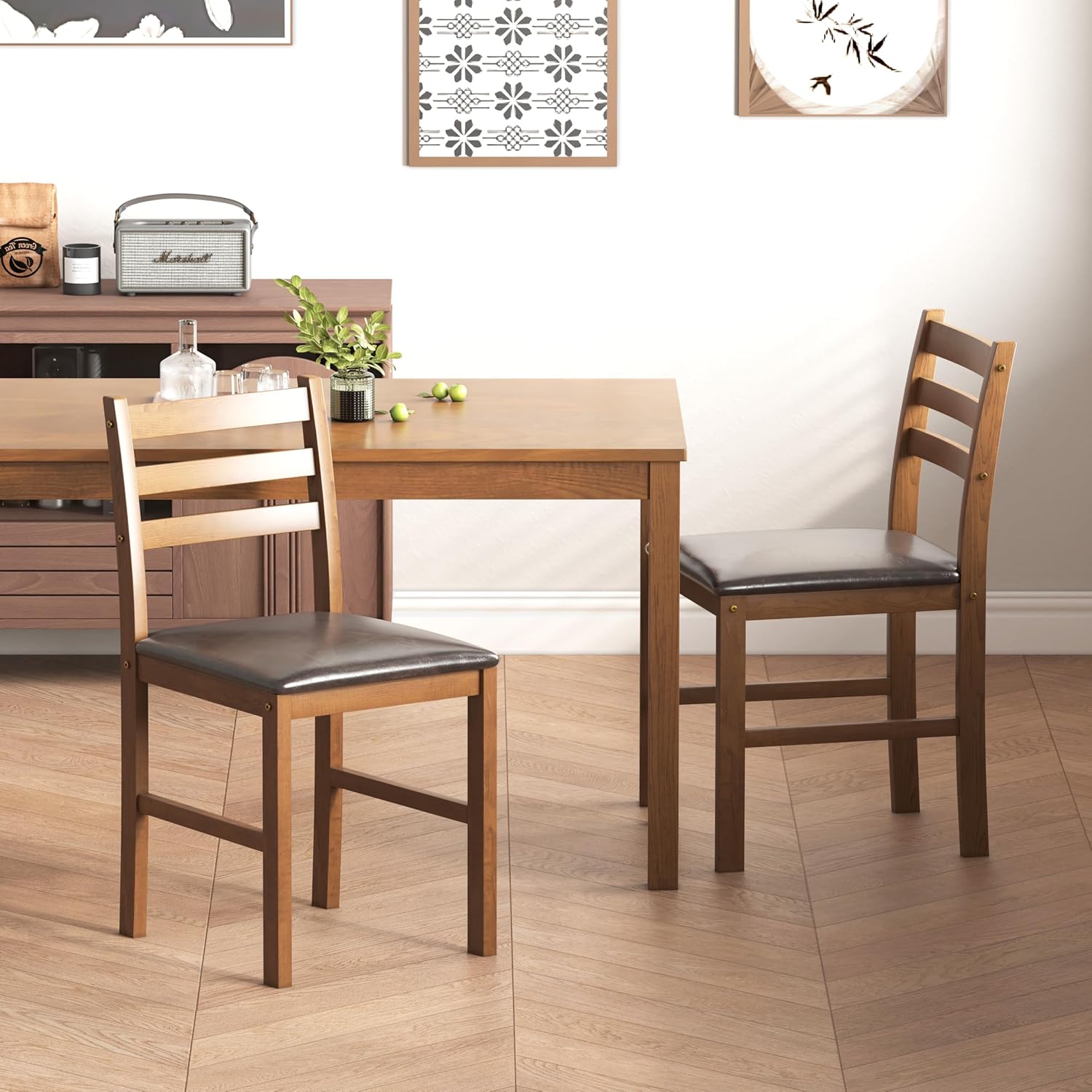 WiberWi Dining Table Set for 4, Solid Wood Kitchen Table and Chairs Set of 4, 43.3” Space-Saving Mid Century Modern Dining Room Table with Upholstered Chairs, Walnut
