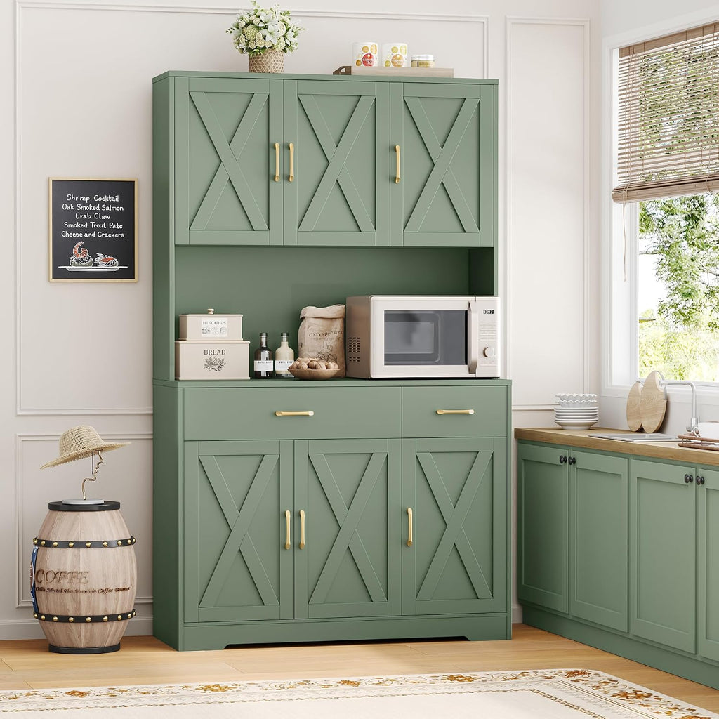 HOSTACK 71"H Kitchen Pantry Storage Cabinet, Farmhouse Hutch Cabinet, Green | Space-Saving Pantry Cabinet with Charging Station & 2 Large Drawers & Adjustable Shelves, Tall Kitchen Hutch, Dining Room