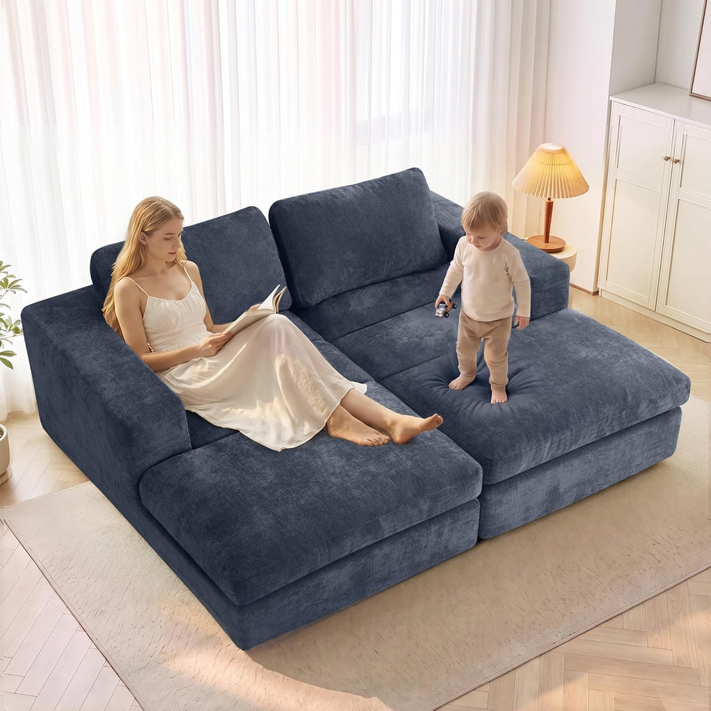 Oversized Double Chaise Lounge Chair, Cloud Sofa Bed, Blue | 59" Deep Seat Couch, Modular Oversized Loveseat, Soft Cloud Sofa, 4 Pillows, 10" Wider Armrests, Chaise Lounge Chair Indoor