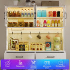 MUUEGM 71''Tall Kitchen Hutch with LED Lights & Power Outlet, Wood Food Kitchen Pantry Cabinet with Adjustable Shelves & 4 Cabinets & Microwave Stand & 2 Drawers for Dining Room,Living Room, White