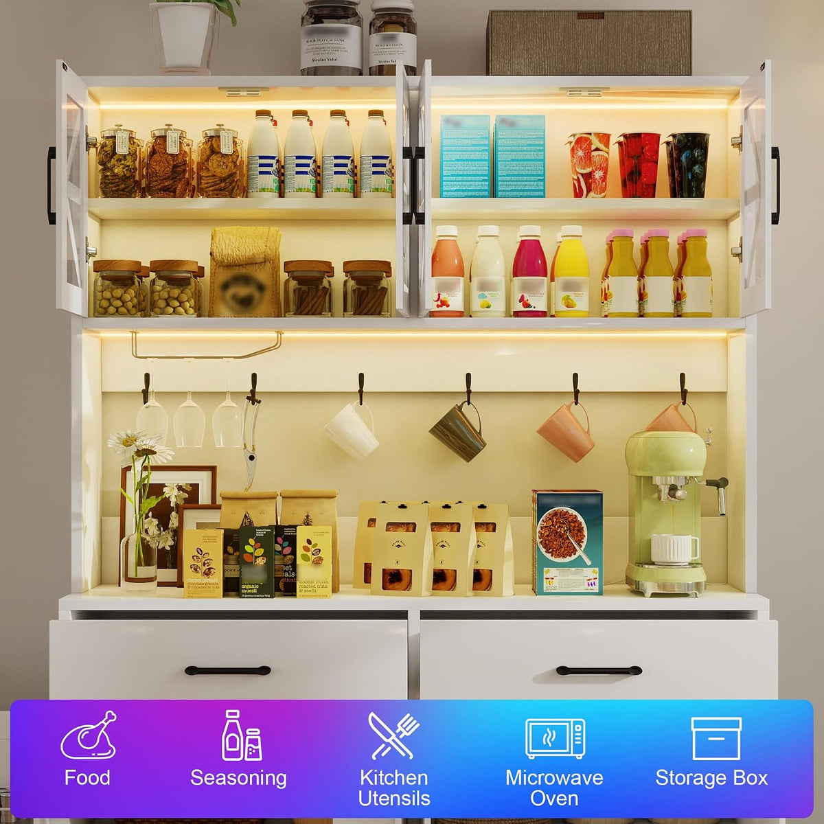 MUUEGM 71''Tall Kitchen Hutch with LED Lights & Power Outlet, Wood Food Kitchen Pantry Cabinet with Adjustable Shelves & 4 Cabinets & Microwave Stand & 2 Drawers for Dining Room,Living Room, White