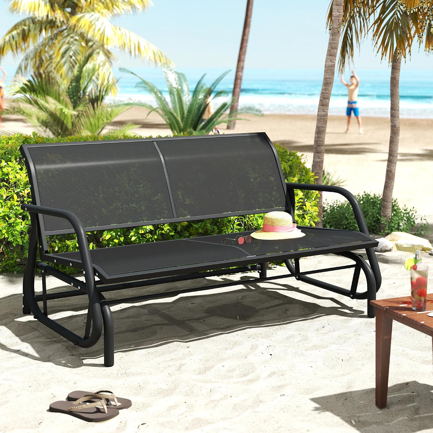 KROFEM Outdoor Glider Bench, Glider Bench for Outside Patio, Black | High Backrest and Breathable Mesh Fabric, Yard Porch Loveseat, Outside Rocking Swing Chair, Heavy Duty Metal, Clearance