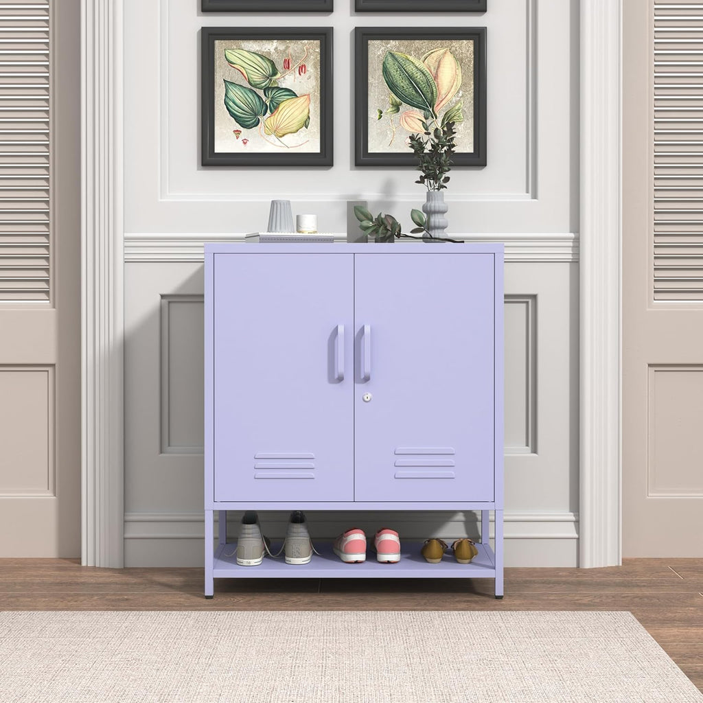 Three Tier Metal Shoe Cabinet for Home use Featuring Adjustable Shelves Multifunctional Two Door Storage Cabinet Suitable for entryways and hallways Purple Size: 13.8" D x 29.5" W x 33" H