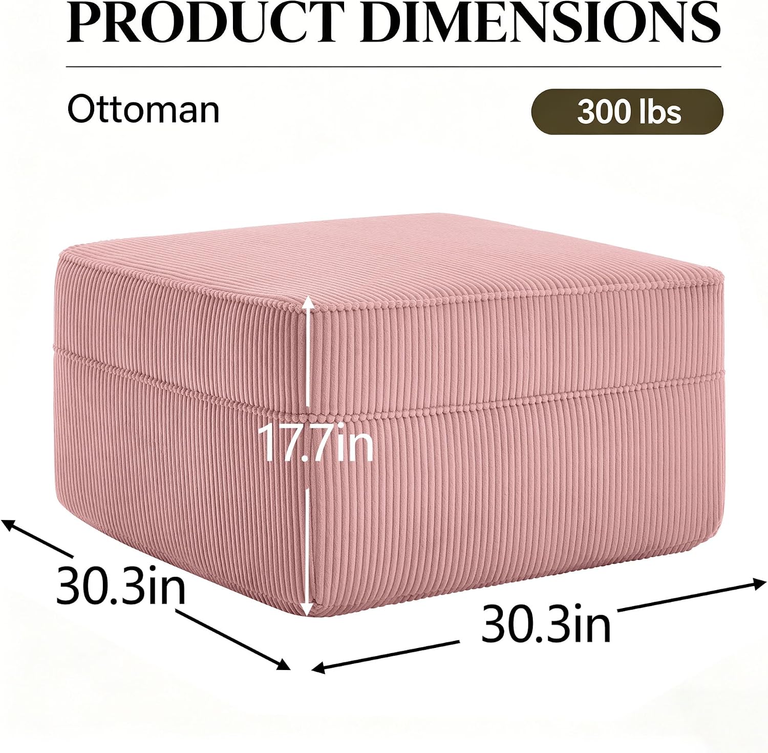 Corduroy Ottoman 30.3 Inch - No Assembly Needed Foot Rest Stool, Plush Sag-Free Cloud Ottoman for Living/Bedroom (Pink)