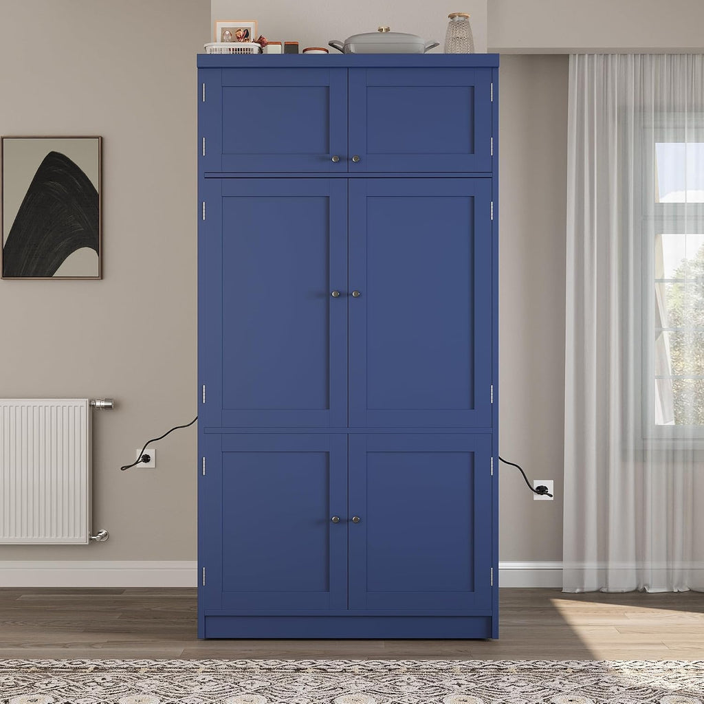 LUMISOL Tall Kitchen Pantry Cabinet with Drawers, 80.1" Freestanding Cupboard Storage Cabinet with Adjustable Shelves and Door Shelves, Kitchen Hutch with 2 Power Outlets for Dining Room, Blue