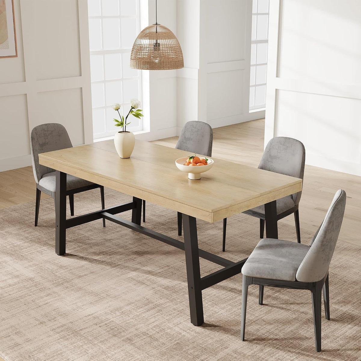 GarveeHome Industrial Dining Table for 4-6 People, 63" Long Large Kitchen Table with Sturdy Metal Frame, Rectangular Counter for Dinner, Kitchen, Dining Room (Natural, 63" Non-extendable)