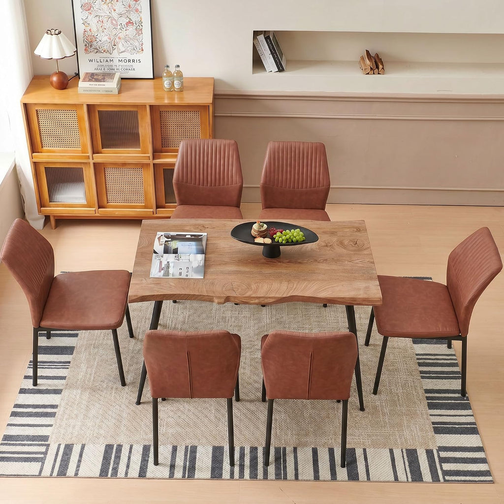 Dining Chairs Set of 6, Brown PU Leather Dining Chairs, Comfortable Upholstered Armless Kitchen Chairs with Black Metal Legs for Living Room, Dining Room, Kitchen