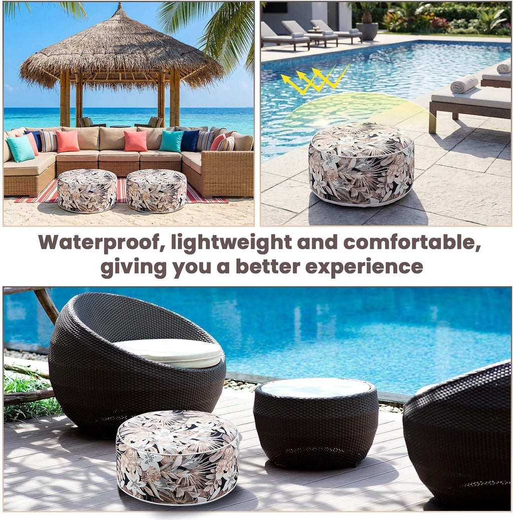 Cinnvoice 2 Pcs Inflatable Outdoor Ottoman Pouf Waterproof Round Footrest with Handle D21 x H9 Inch Indoor Outdoor Portable Footstool for Patio Garden Camping or Home Pool(Flower)
