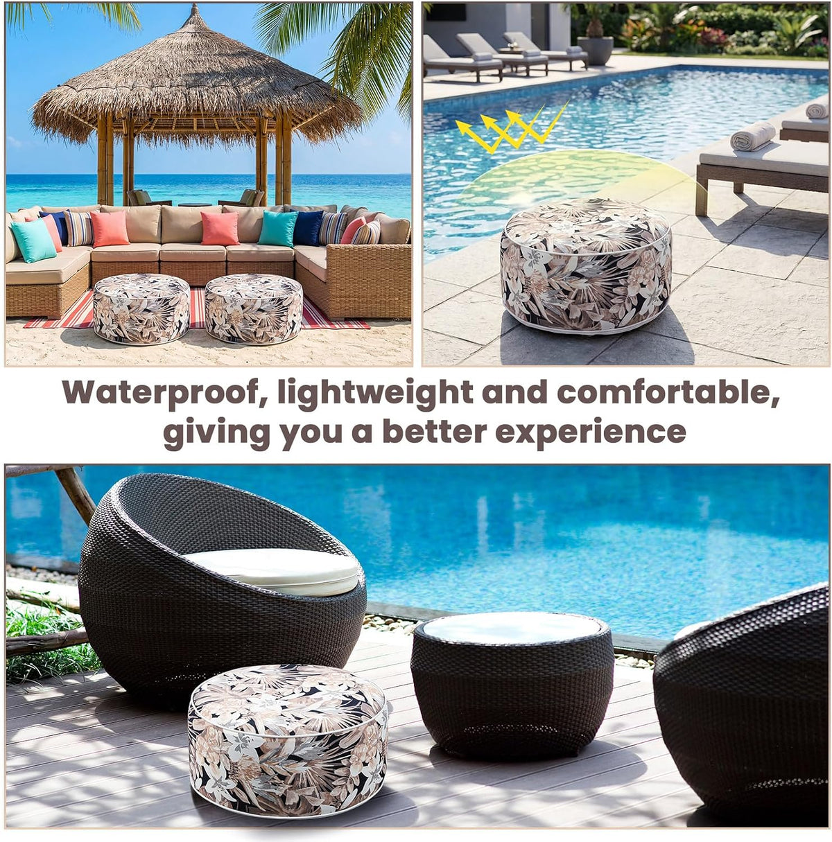 Cinnvoice 2 Pcs Inflatable Outdoor Ottoman Pouf Waterproof Round Footrest with Handle D21 x H9 Inch Indoor Outdoor Portable Footstool for Patio Garden Camping or Home Pool(Flower)