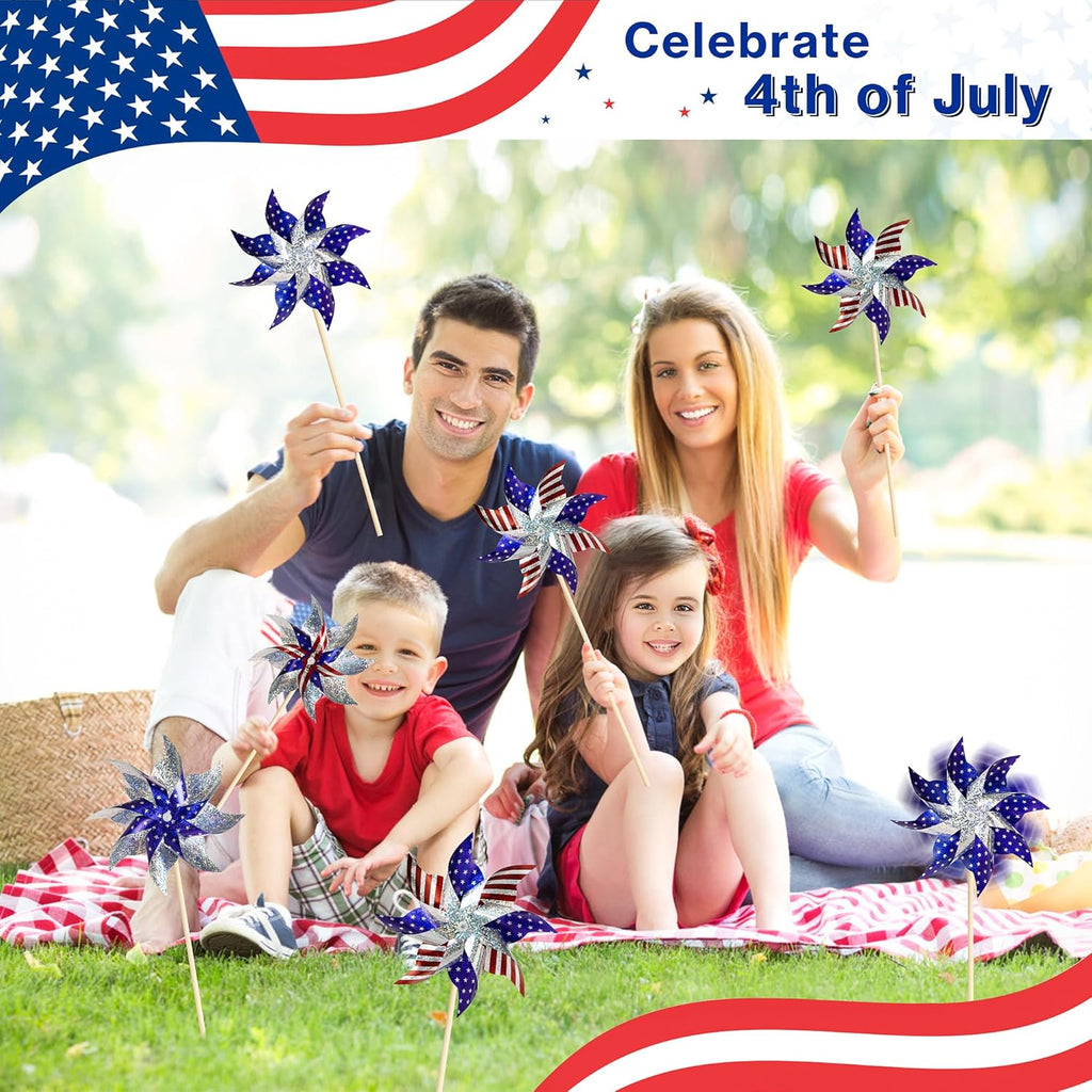 HOOSUN 10 Pcs Patriotic Pinwheels for Yard and Garden,Patriotic Decorations American Flag Pinwheels to Scare Birds Away,Red White and Blue Decorations Reflective Wind Spinners,Veterans Day Decorations
