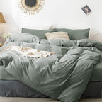 MooMee Bedding Duvet Cover Set 100% Washed Cotton Linen Like Textured Breathable Durable Soft Comfy (Heathered Green, Palatial King/Oversized King 120"x98")