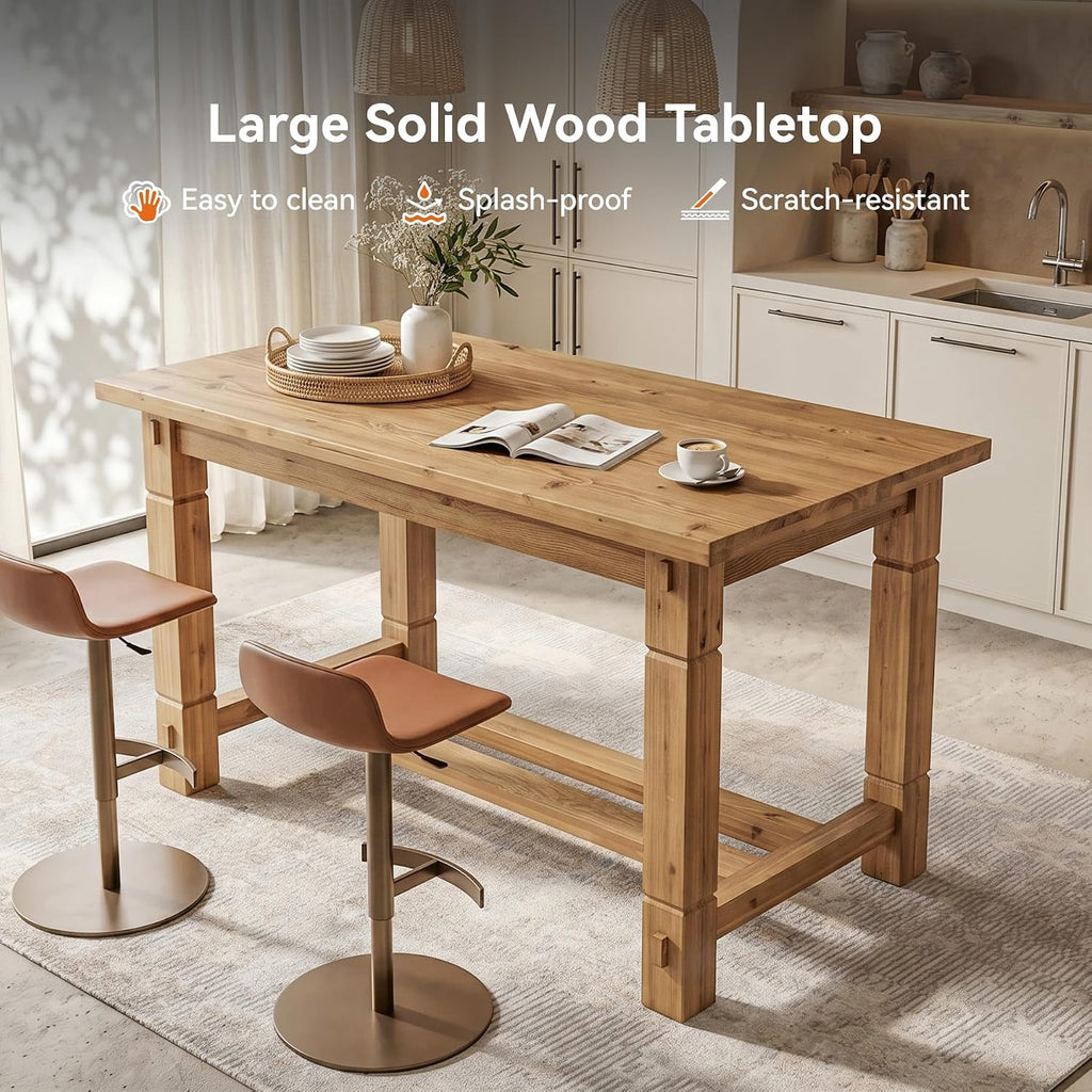59.05" Solid Wood Home Kitchen Island with Spacious Tabletop | Counter Height Table, Sturdy Frame, Easy to Assemble, Farmhouse Style, Stationary Island for Home, Dining Room, Rustic Brown