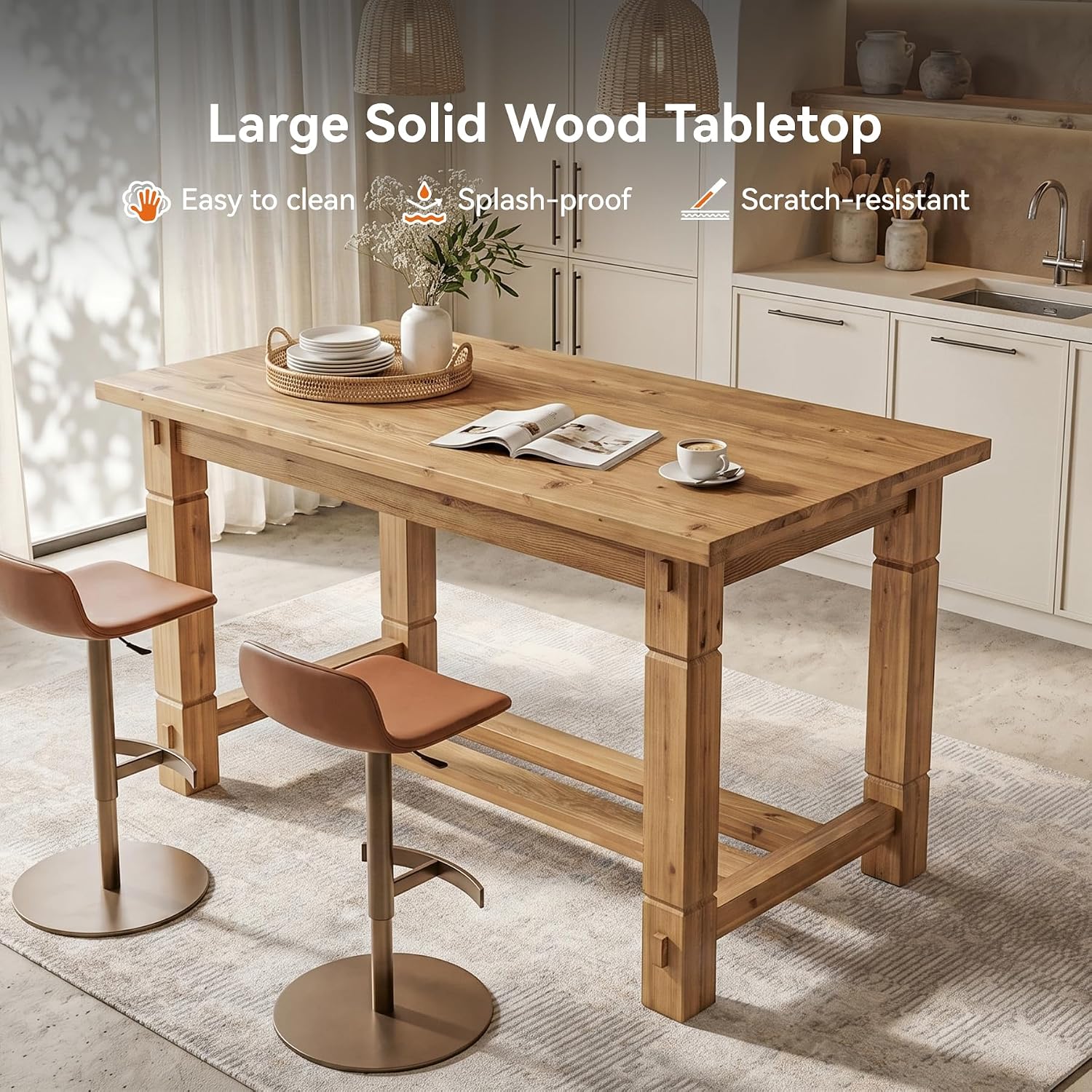 59.05" Solid Wood Home Kitchen Island with Spacious Tabletop | Counter Height Table, Sturdy Frame, Easy to Assemble, Farmhouse Style, Stationary Island for Home, Dining Room, Rustic Brown