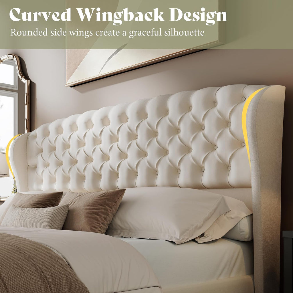 AMERLIFE Full/Queen Headboard Only, Velvet Upholstered Wingback, Cream