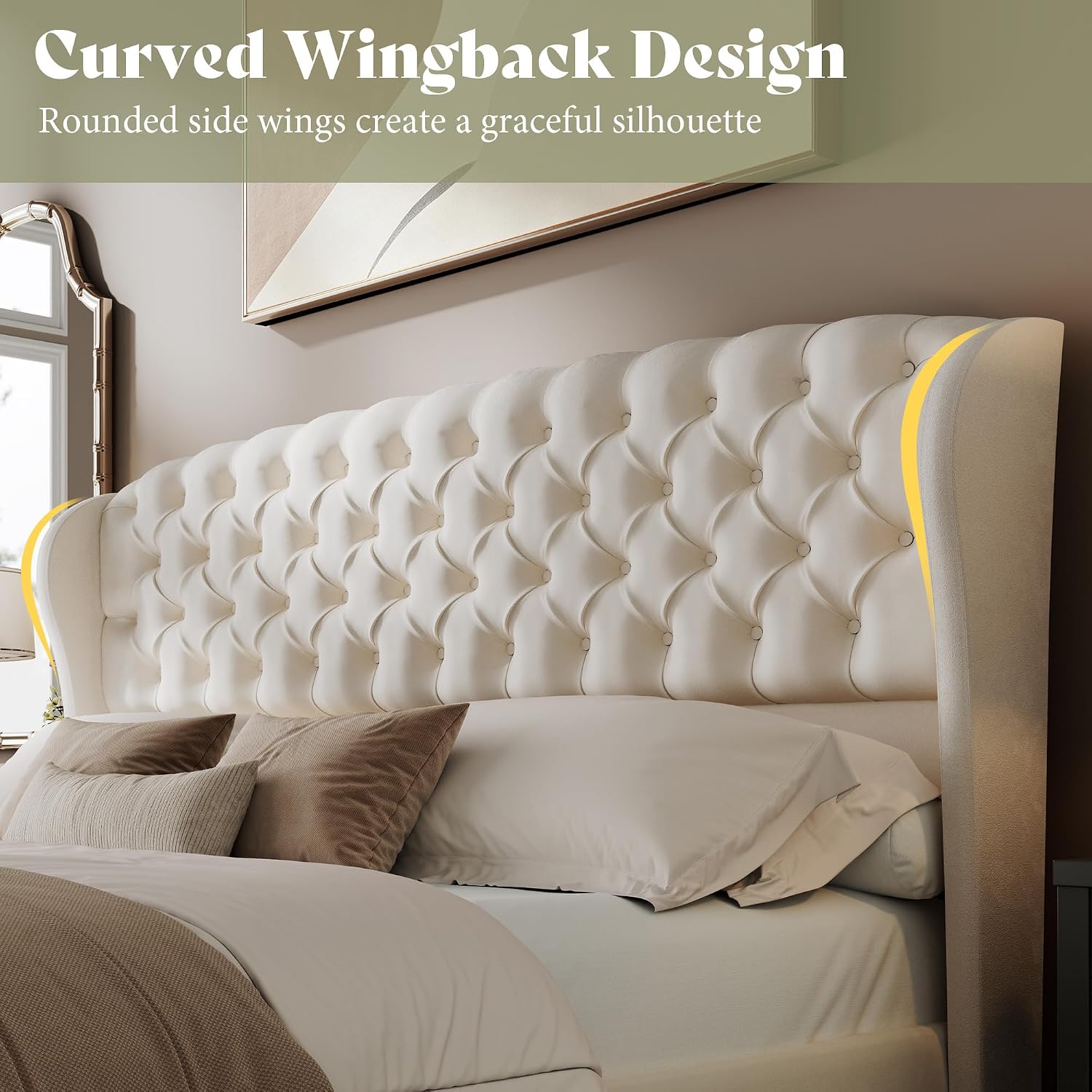 AMERLIFE Full/Queen Headboard Only, Velvet Upholstered Wingback, Cream