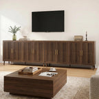 Smart FENDEE 63" Long Sideboard Buffet with 4 Slatted Doors, Farmhouse Buffet Storage Cabinet with Adjustable Shelf, Coffee Bar Cabinet for Entryway, Kitchen, Dining Room, Living Room, Walnut Color