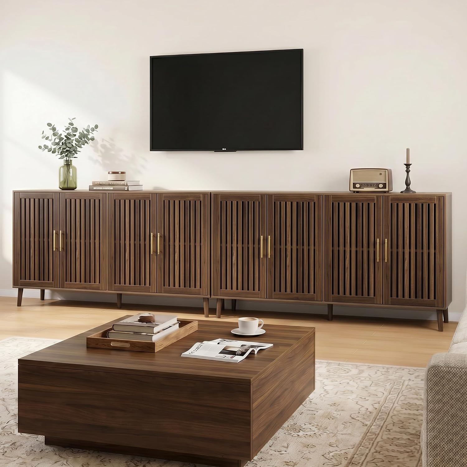 Smart FENDEE 63" Long Sideboard Buffet with 4 Slatted Doors, Farmhouse Buffet Storage Cabinet with Adjustable Shelf, Coffee Bar Cabinet for Entryway, Kitchen, Dining Room, Living Room, Walnut Color