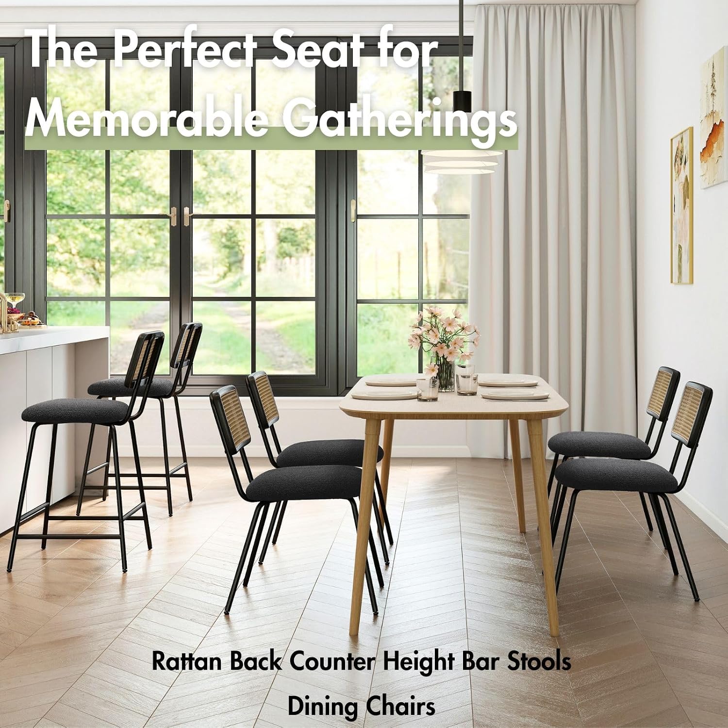 Hyfirm Black Rattan Modern Dining Chairs Set of 4, Armless Side Chairs with Metal Legs for Dining Room/Living Room