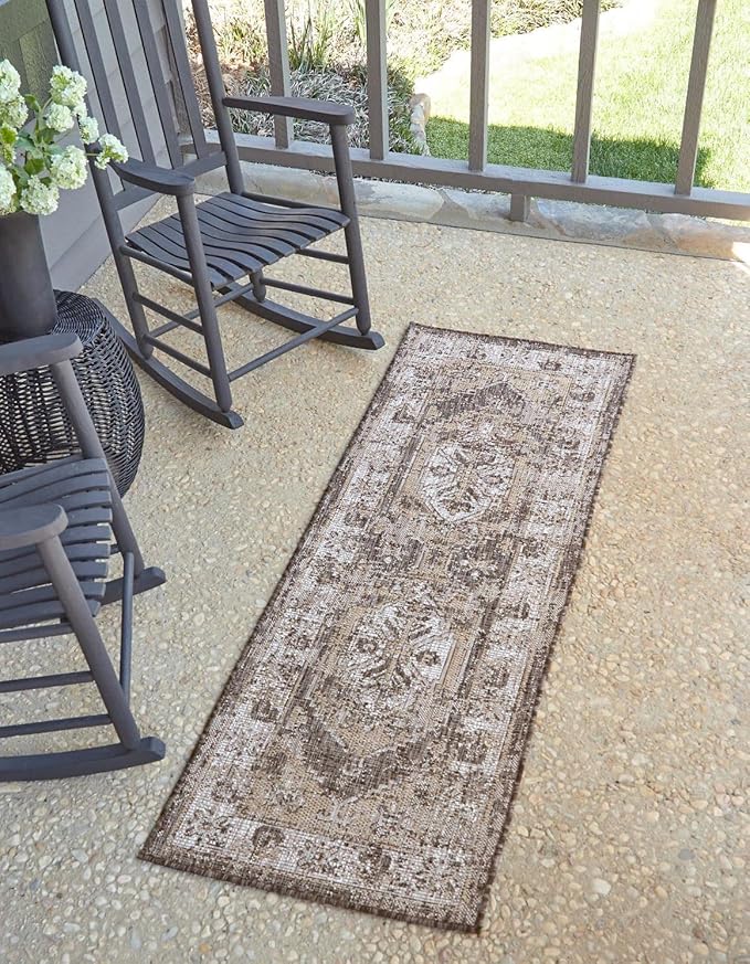 Unique Loom Outdoor Traditional Collection Area Rug - Valeria (2' x 5' Runner Charcoal/Natural)