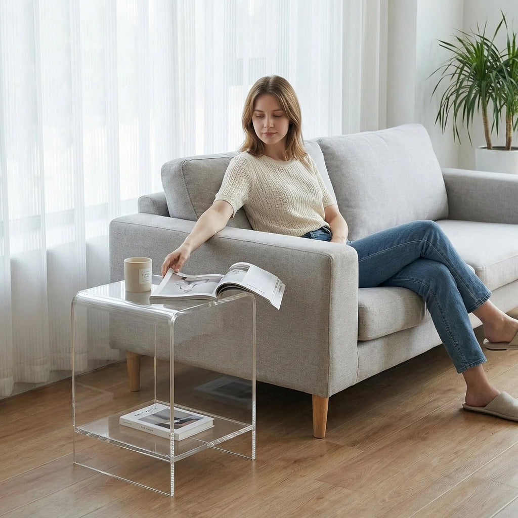 Clear Acrylic End Table/Nightstand,22" H Sleek and Durable Bedside Storage. Ideal for Bedrooms, Living Rooms, and Modern Interiors. (2 Tier- Bottom)