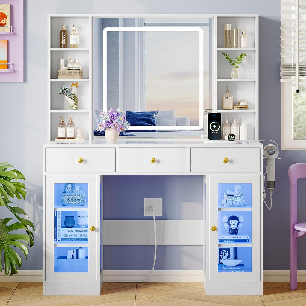 Xixini 43.4" Makeup Vanity Desk with LED Mirror, RGB Glass Cabinets, White