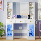 Xixini 43.4" Makeup Vanity Desk with LED Mirror, RGB Glass Cabinets, White