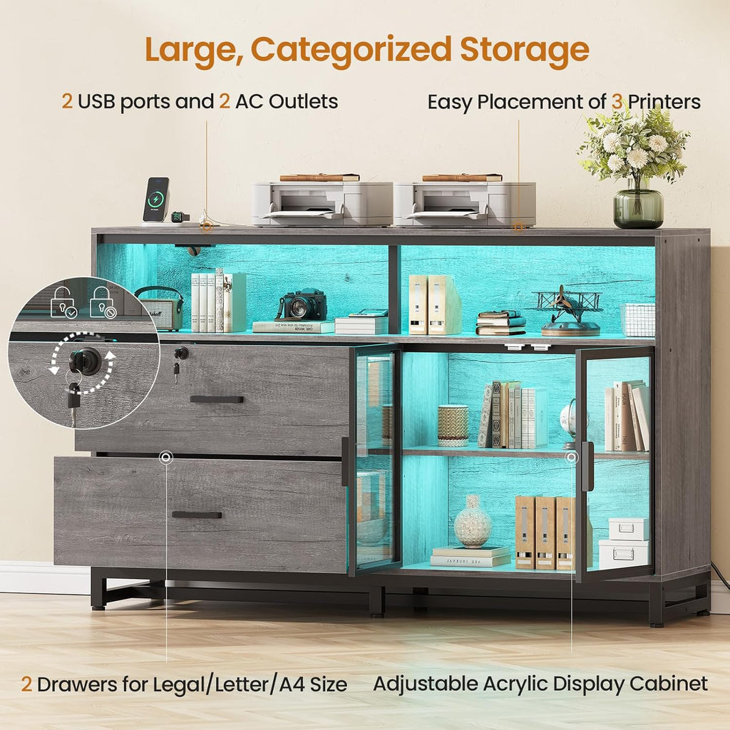 SEDETA 59" Filing Cabinet with Lock Drawers fits Legal Size for Home Office | Grey Lateral 2 Drawers File Cabinet with Acrylic Display Cabinet, Power Strip, Printer Stand with Storage Shelves for Office