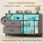 SEDETA 59" Filing Cabinet with Lock Drawers fits Legal Size for Home Office | Grey Lateral 2 Drawers File Cabinet with Acrylic Display Cabinet, Power Strip, Printer Stand with Storage Shelves for Office