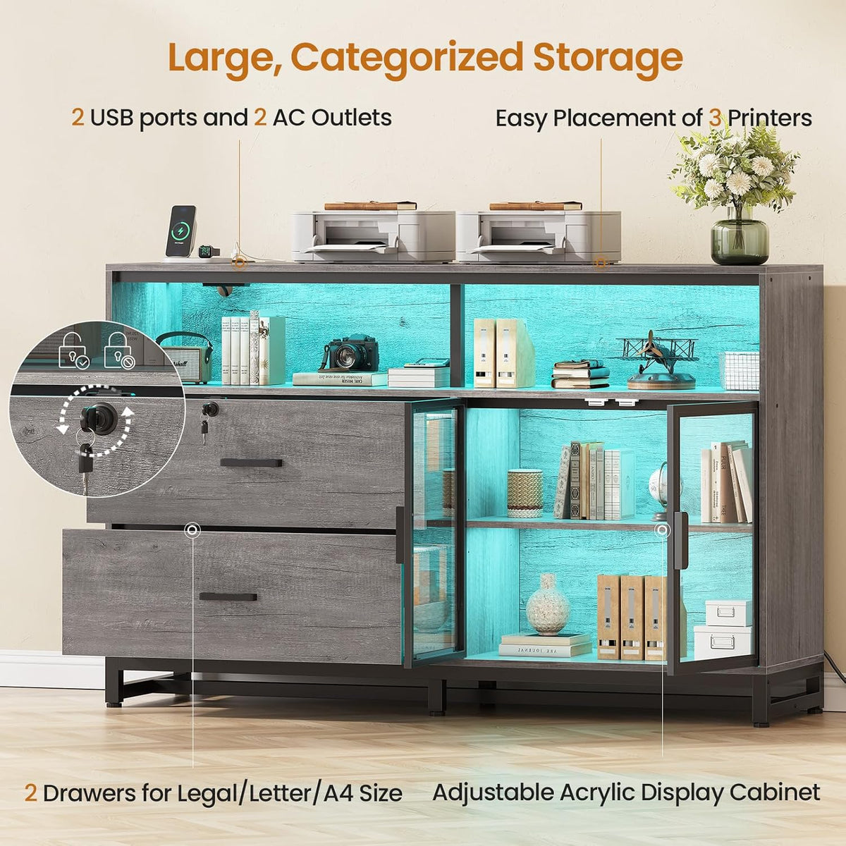 SEDETA 59" Filing Cabinet with Lock Drawers fits Legal Size for Home Office | Grey Lateral 2 Drawers File Cabinet with Acrylic Display Cabinet, Power Strip, Printer Stand with Storage Shelves for Office