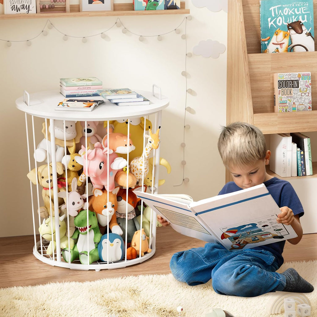 BBLIKE Large Stuffed Animal Storage End Table, Toy Storage for Kids Room | 100L Large Capacity, Metal Frame with Wood Lid, Elastic Rope, Side Handles, Wooden Stuffed Zoo Animal Holder, White
